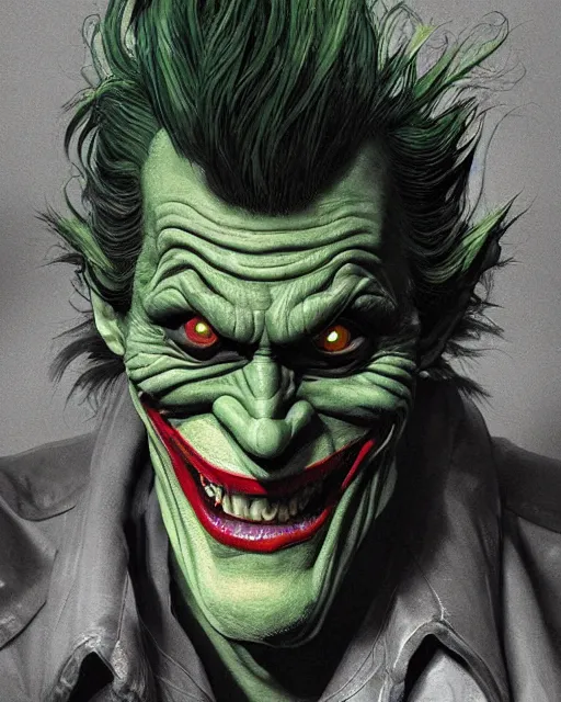 Prompt: portrait of willem dafoe green goblin as the joker, portrait photography, art by makoto shinkai and peter elson, bernie wrightson