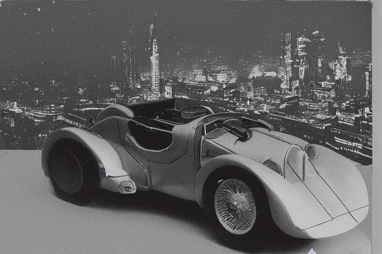 Prompt: cyberpunk 1 9 2 6 bugatti type 3 5 by paul lehr, metropolis, view over city, vintage film photo, damaged photo, scratched photo, scanned in, old photobook, silent movie, black and white photo