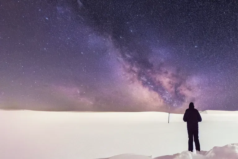 Image similar to a man standing in snow and looking up at the milky way