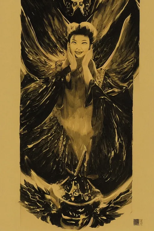 Image similar to angel of death smiling in the dark night, art by takeshi ohbata, tsugumi ohba, takeshi miike, raden saleh