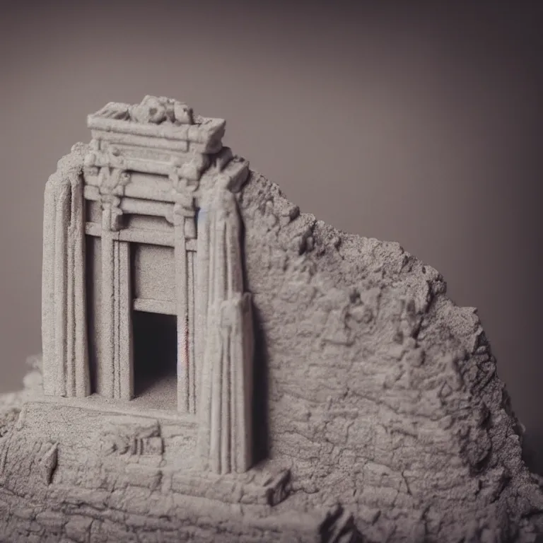 Prompt: close - up of a miniature marble temple, film photo, soft lighting album cover, nostalgia, gradient, tilt shift