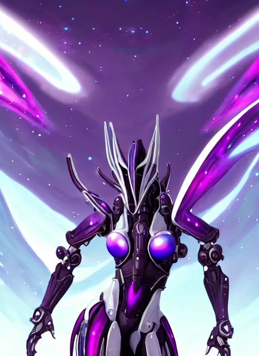 Image similar to cinematic close shot, galactic sized goddess, proportional stunning beautiful hot female warframe, sleek mecha female dragon head, metal ears, led purple eyes, smooth fuschia skin, smooth silver armor, floating in space, holding a galaxy, epic proportions, epic size, epic scale, furry art, dragon art, giantess art, warframe fanart, furaffinity, octane