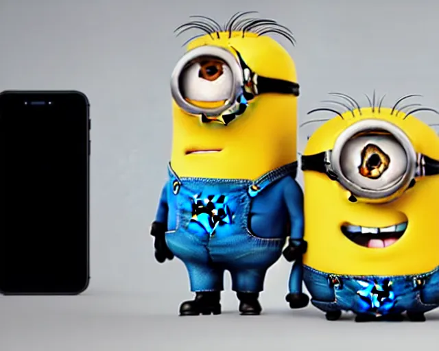 Image similar to Minion in a turtleneck giving a presentation on the newest iphone, HD 4k photography, flood lighting