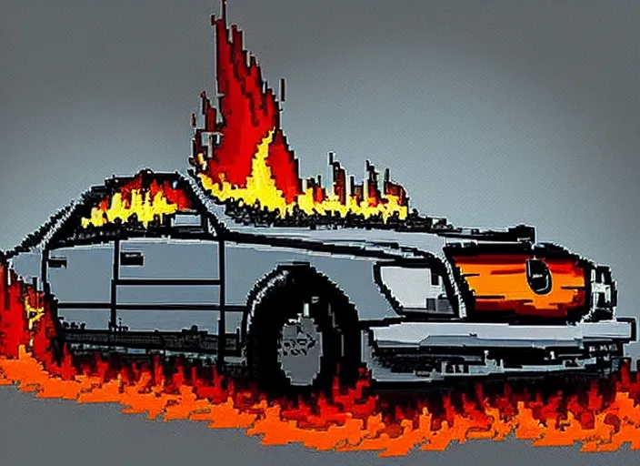 Image similar to burning wrecked mercedes 1 2 4, pixelart by kirokaze, award winning. dramatic. trending on artstation. very low quality, low resolution sync by honeybunny