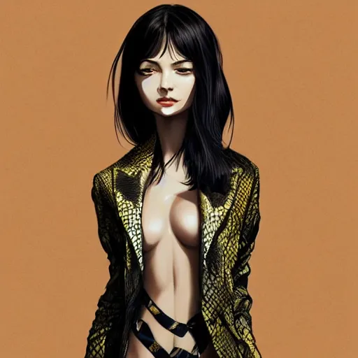 Image similar to cute beautiful decisive girl in jacket suit with snake print over bare skin, elegant, 2d, ultra highly detailed, digital painting, smooth, sharp focus, artstation, pixiv, art by Ilya Kuvshinov