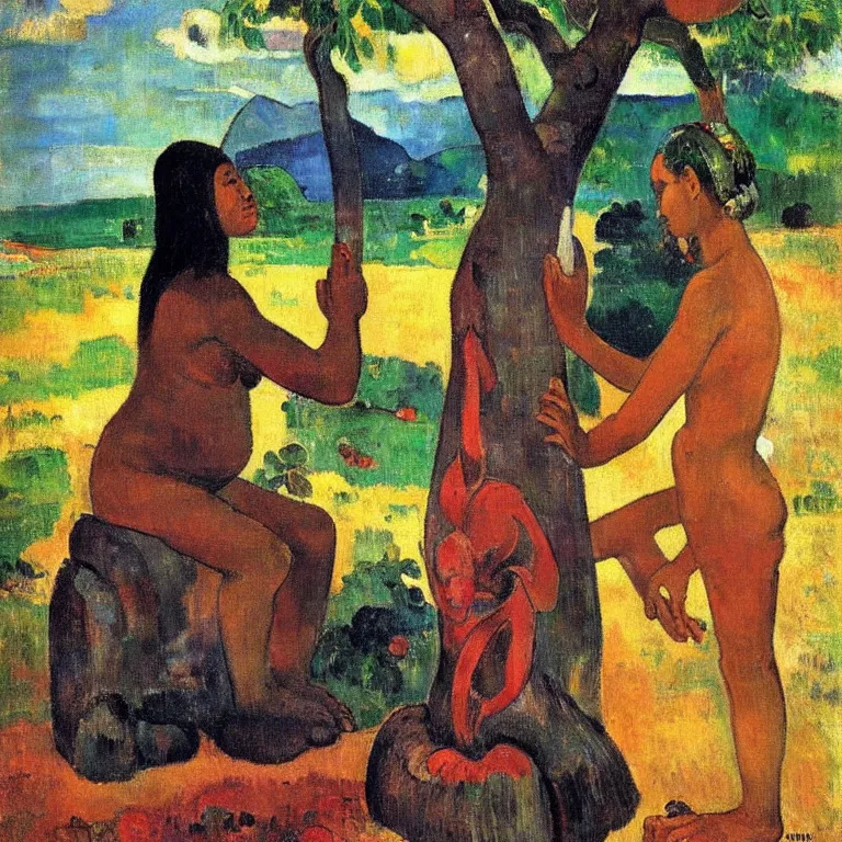 Image similar to Woman from Tahiti sculpting the god of love from a tree trunk. Painting by Gauguin