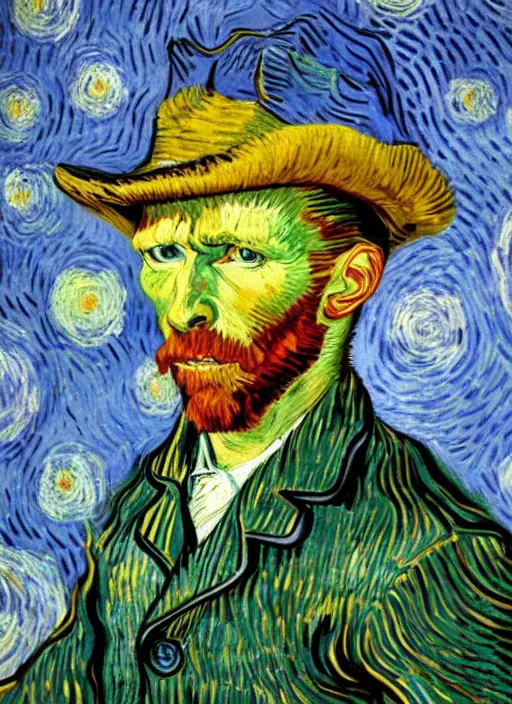 Image similar to lifelike oil painting self - portrait of van gogh wearing a fedora