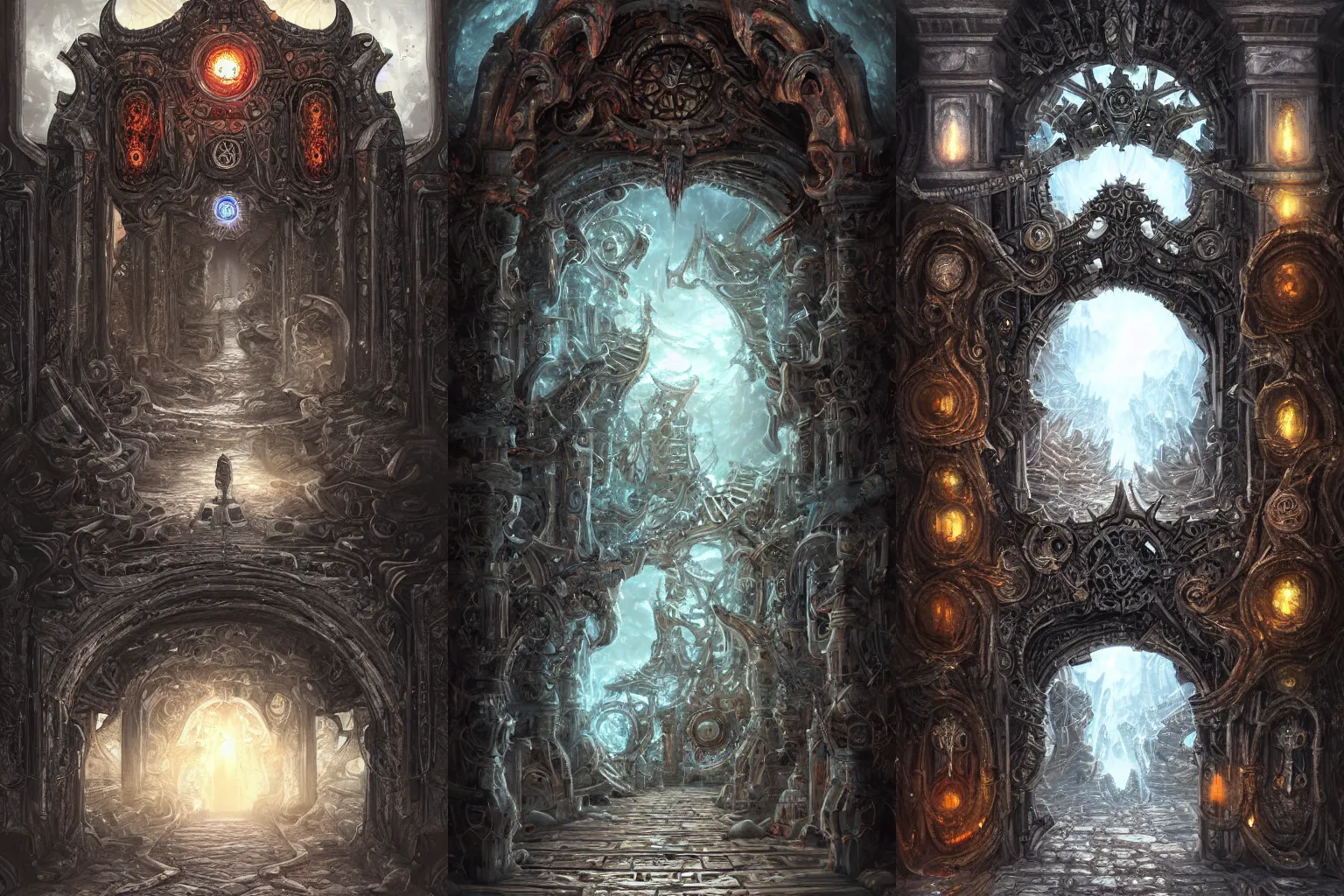 Prompt: The gate to the eternal kingdom of gears, fantasy, digital art, HD, detailed.