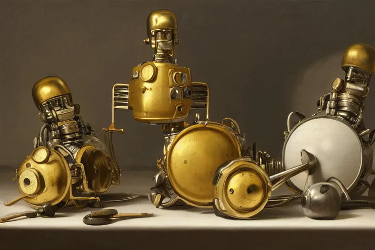 Image similar to still life painting of old vintage robot heads by pieter claesz, oil on canvas, strong lighting, highly detailed, hyper realism, golden hour, god rays, hd, 4 k