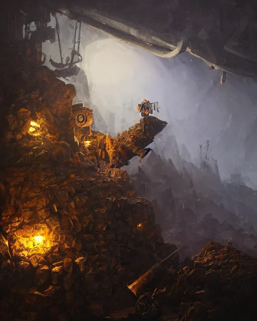 Image similar to oil painting of dwarf miner mining gold with pickaxe, close shot, full body, dark steampunk mine shaft background, sharp focus, fantasy style, octane render, volumetric lighting, 8k high definition, by greg rutkowski, highly detailed, trending on art Station, dungeons and dragons artwork, centered