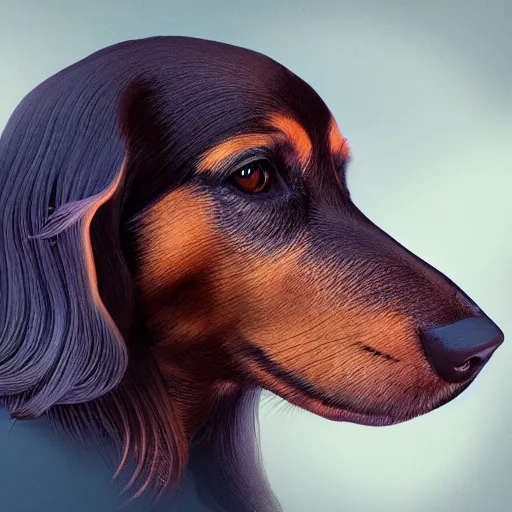 Image similar to portrait of long haired daschund, concept art, cinematic lighting, beeple,