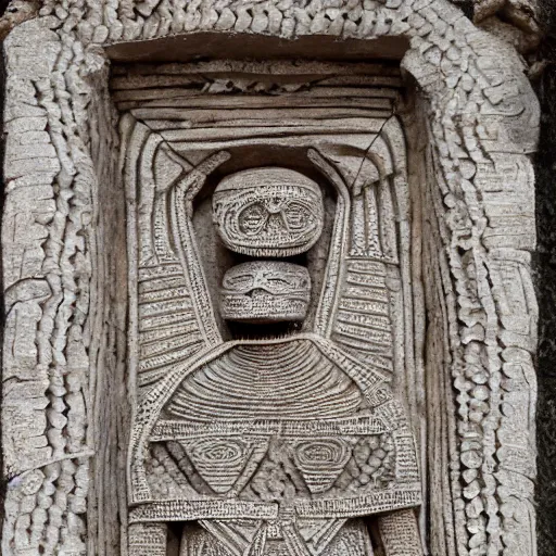 Image similar to mummy woman atop intricate ceremonial stone, realistic, photorealistic, 4k