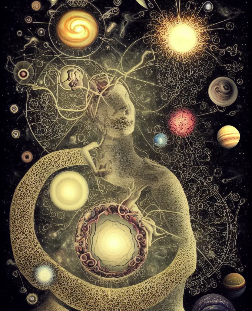 Image similar to inside the universe of a human body soul, whimsical uncanny creature alchemizes unique canto about'as above so below'being ignited by the spirit of haeckel and robert fludd, breakthrough is iminent, glory be to the magic within, to honor jupiter, surreal collage by ronny khalil