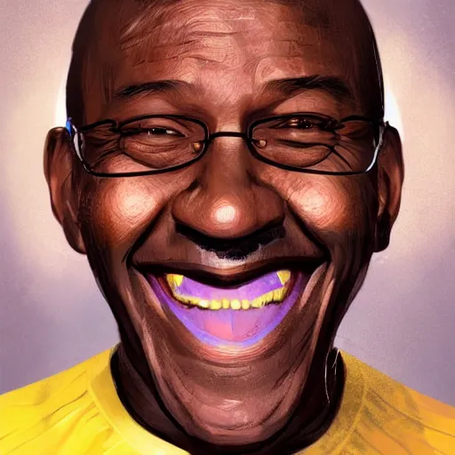 Image similar to old black man portrait, face smiling, golden teeth, flat background, greg rutkowski gta san andreas art