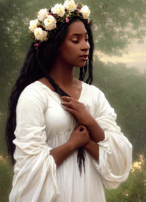 Prompt: oil painting close up portrait of a contemplative young black woman with long flowing hair in a white dress, wearing a crown of white roses!! at sunset, hazy, digital art, chiaroscuro, artstation, cinematic, golden hour, digital art painting by greg rutkowski, william - adolphe bouguereau, hazy atmosphere, cinematic lighting, flowers