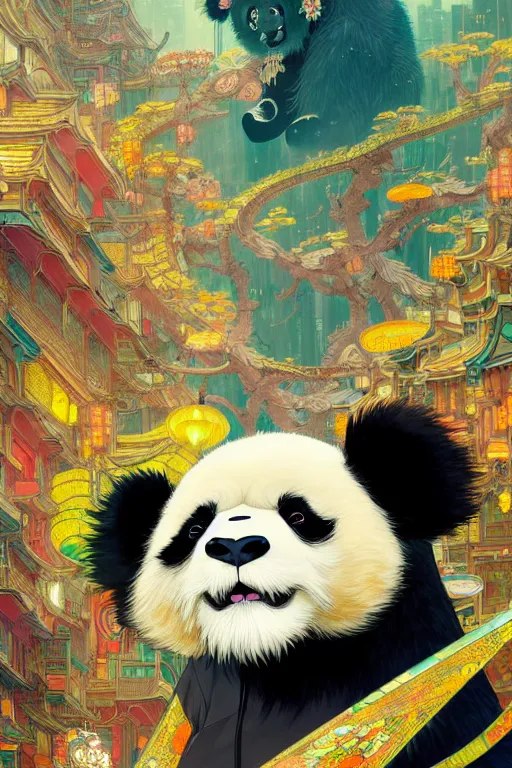 Image similar to a beautiful hyperdetailed character design 4 k wallpaper illustration of a cute panda with a chinese lion dance head victo ngai cyberpunk style, from china, style of studio ghibli, makoto shinkai, raphael lacoste, louis comfort tiffany, artgerm, james jean, ross tran, chinese style