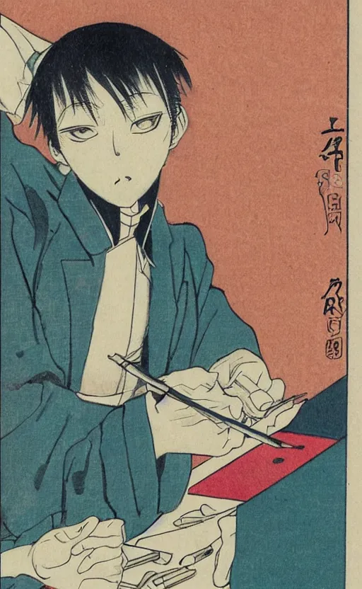 Prompt: by akio watanabe, manga art, a male calligrapher working, vintage desk, traditional colors, trading card front, realistic anatomy