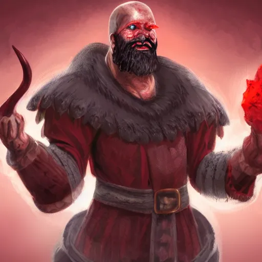 Image similar to dnd render of a man, red, a big black beard, completely golden eyes, 1 curved horn growing out of his forehead, one broken horn groing out of his forehead,