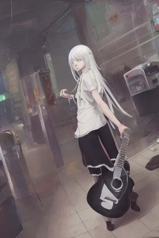 Image similar to a white haired girl with a guitar on her back shopping at a convenience store at night, grey and dark theme, s line, 4 5 angel by krenz cushart and mucha and makoto shinkai and akihito yoshida and greg rutkowski, nier : automata inspired, 4 k resolution