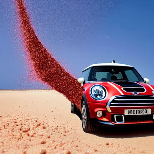 Prompt: mini cooper s, australian beach, red sand, otherworldly science fiction surrealism landscapes. waves. dust. stars. by dr seuss.