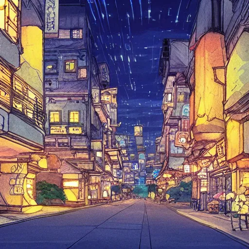 Prompt: a city at night, 4 k, studio ghibli