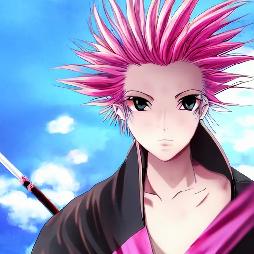 Prompt: high quality anime art of the face of an anime samurai girl with pink hair, animation, semi realistic