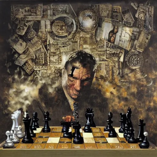 Prompt: chess alegory of rich against poor, marxism, by karol bak, banksy, simon bisley, guy denning, mimmo rotella, ravi zupa