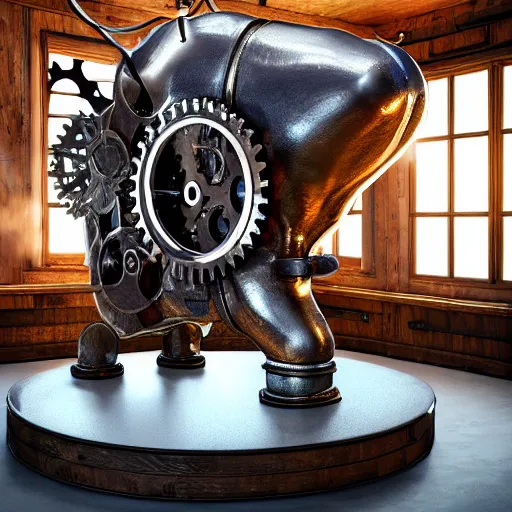 Prompt: a clockwork mechanical bull there are gears sticking out of the bull the room is filled with steam, ultra high detail, high particle effects, highly reflective surface, realistic reflections