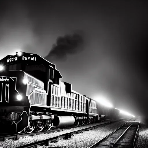 Image similar to a hyperdetailed black and white photograph of the union pacific big boy on the rails producing lots of black smoke in an old timey city, night, dense fog, rain, hd, 8 k, cinematic, volumetric lighting