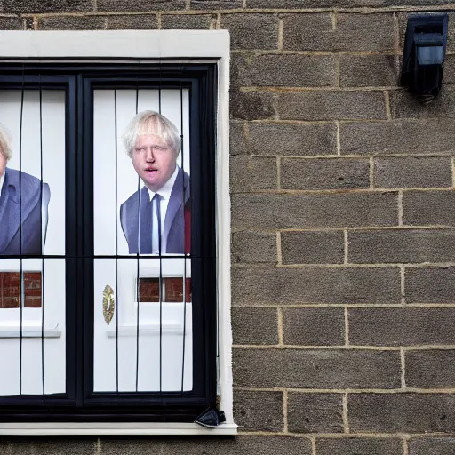 Image similar to window blinds in a house being pulled back to reveal a terrifying boris johnson staring at you through the window with his hand on the window, horror, black and white