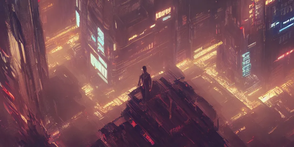 Image similar to a painting of a cinematic keyframe of a cyberpunk dystopian city, blade runner like designed by ian hubertz seen from above, cenital shot, by greg rutkowski, rule of thirds, golden ratio, ambient lighting, wlop, artgerm, artstation, highly detailed masterpiece, dark fantasy art, high detail, trending on artstation