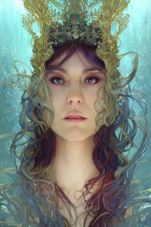 Image similar to portrait of jewel elf oracle physically accurate, moody dynamic lighting, very very intricate, very very elegant, highly detailed, concept art, smooth, very beautiful, sharp focus, illustration, art by artgerm and greg rutkowski and alphonse mucha digital painting, artstation, in the style of Rob Lefield and Dan Mumford , trending on artstation, digital art,surrealism ,macro,blueprint ,vaporwave ,