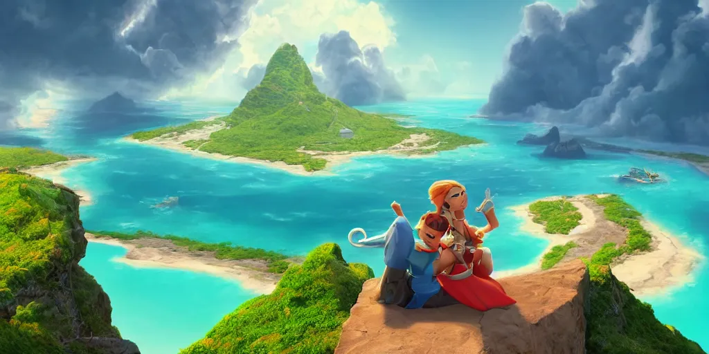 Prompt: a beautiful couple sitting on a cloud above emerald lagoon of Sint-Marteen, mattepainting concept Blizzard pixar maya engine on stylized background global illumination lighting artstation in the style of The Road to El Dorado