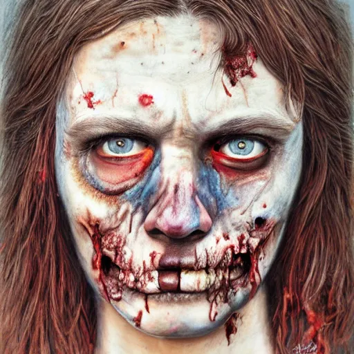 Prompt: Intricate five star Zombie Facial portrait by Anna Kullberg, Colored pencil on paper, high detail, skin texture, photo realistic, hyperrealism,matte finish, high contrast, 3d depth, masterpiece, vivid and vibrant colors, Prismacolor Pencils,artstationhd