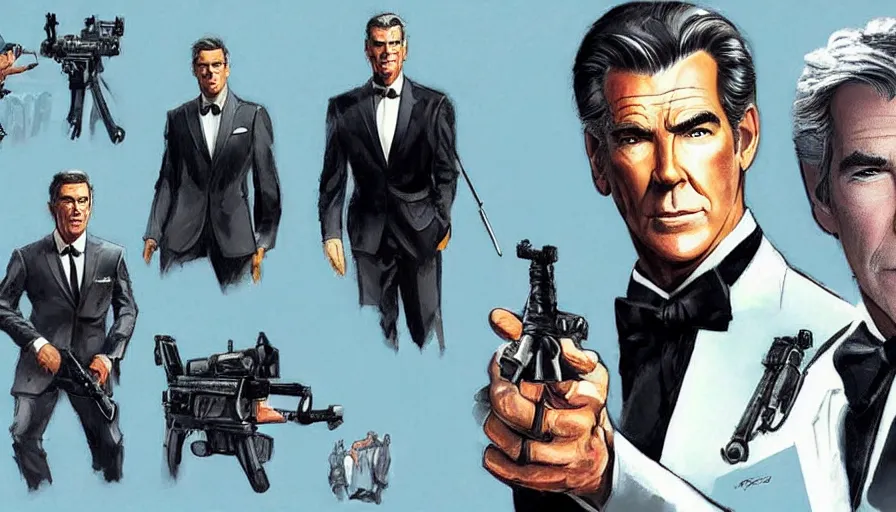 Prompt: concept art of the next james bond film featuring an older pierce brosnan, extremely detailed