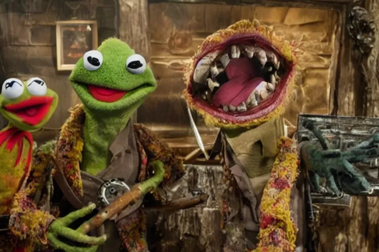 Prompt: High definition scene, inside the cabin, from Evil Dead Muppets starring BRUCE CAMPBELL as ASH