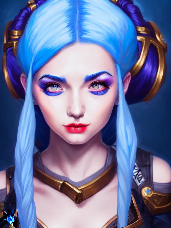 Prompt: a League of Legends FAN ART Portrait of JINX The Loose Cannon, blue hair, long pigtail, intricate, elegant, highly detailed, digital painting, concept art, smooth, sharp focus, illustration,artstation,deviantart,Unreal Engine,face enhance,8K,golden ratio,cinematic lighting