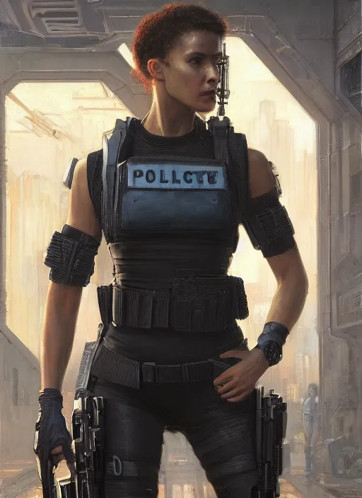 Image similar to 🤸🏿♀. cyberpunk police trooper in a military vest ( blade runner 2 0 4 9, cyberpunk 2 0 7 7 ). orientalist portrait by john william waterhouse and james gurney and theodore ralli and nasreddine dinet, oil on canvas. cinematic, hyper realism, realistic proportions, dramatic lighting, high detail 4 k