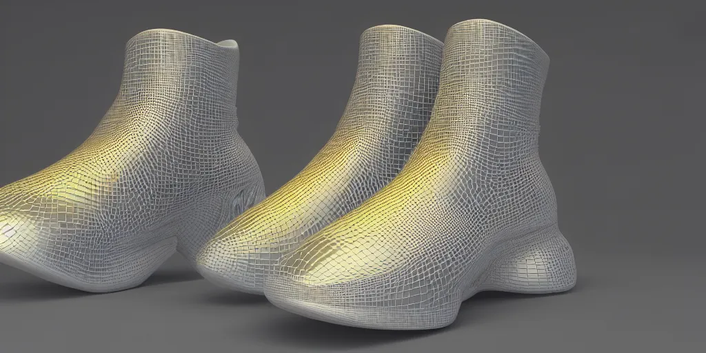 Prompt: one futuristic high - top sneaker with neon illuminated soles on a grey surface, clean 3 d render, beautiful studio lighting, soft, sharp focus, cyberpunk, intricate detail, gold filigree, art by iris van herpen and syd mead and rodin