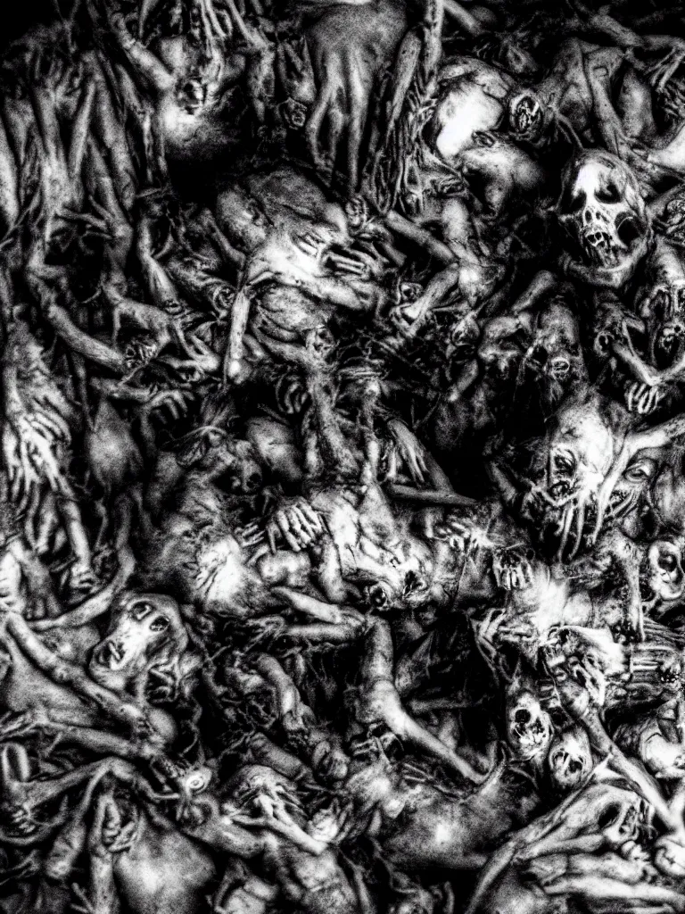 Prompt: still of a horrid vampiric creature surrounded by corpses hiding in a barnyard, horror movie, eerie, creepy, grainy, polaroid, found footage, great cinematography