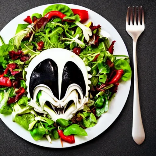 Image similar to a plate of food made of salad and huge alien xenomorph, award winning photographer, food photography