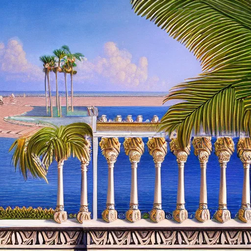 Image similar to a ultradetailed beautiful painting of the amazonas palace balustrade designed by edward robert hughes, tarsila do amaral, frank weston and gustave baumann, beach, trending on artstation, mediterranean, palm trees, detailed face, sharp focus, soft light, 8 k 4 k