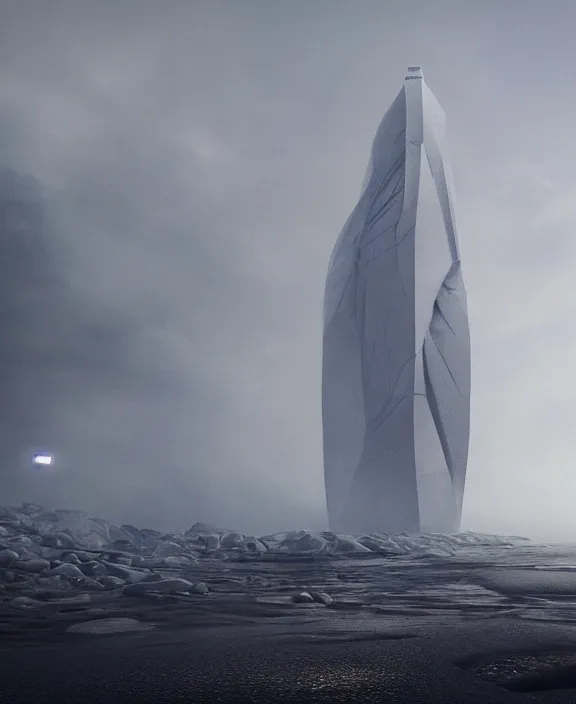 Prompt: surreal covenant tower in the exploration, futuristic white architecture in the beach in iceland, foggy, highly detailed, digital painting, arstation, concept art, hyperealistic octane render, unreal engine,