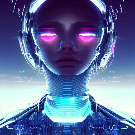 Image similar to A dream beyond horizon. ArtStation, Cyberpunk, Vertical Symmetry, 8K, Highly Detailed, Intricate, Album Art.