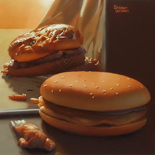 Image similar to A McDonalds cheeseburger, art by Donato Giancola and James Gurney, digital art, trending on artstation