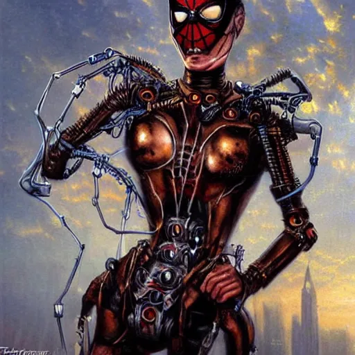 Prompt: realistic portrait beautiful painting of SpiderWoman mutate into a Steampunk cyborg. Horror, created by Thomas Kinkade.