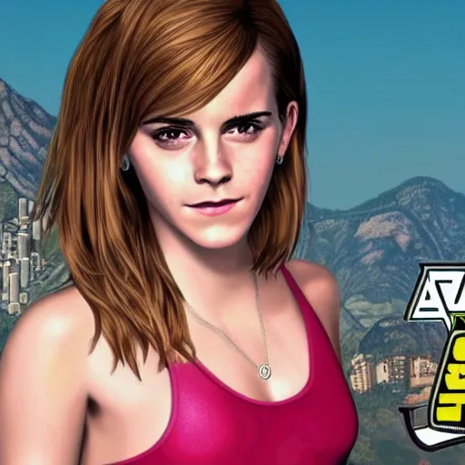 Prompt: emma watson on a gta 5 cover art