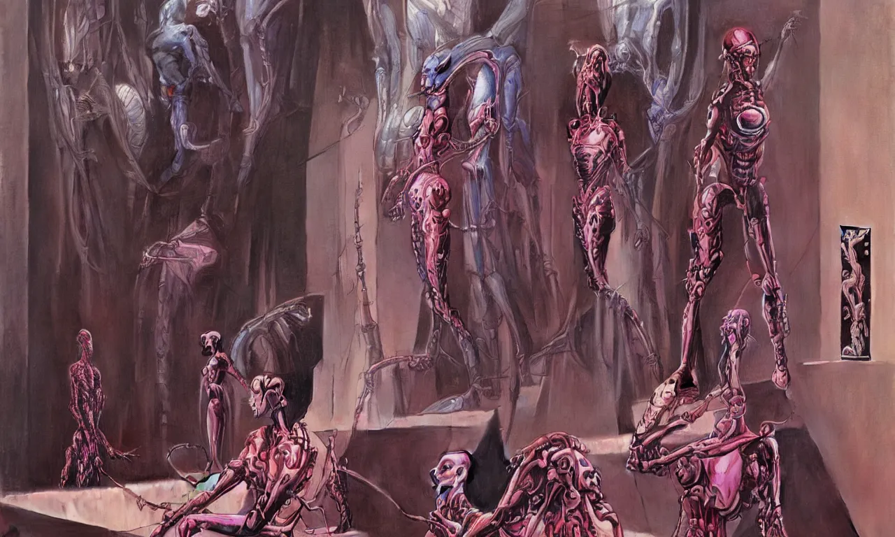 Prompt: painting by wayne barlowe. a cyborg in an art gallery looking at a painting of a beautiful woman staring back at them. juxtaposition. intricate details