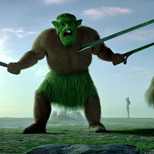 Image similar to still from a movie with cutting edge practical effects, giant humanoid troll with light green skin and big nose, muscular, wearing long fur toga and holding sword in the foreground, mastadons in the background, highly textured, fantasy, D&D, HDR, dramatic light, shallow depth of field