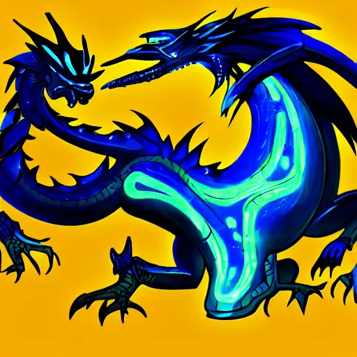Image similar to illustration neon blue and yellow super cool dragon. trending on art station